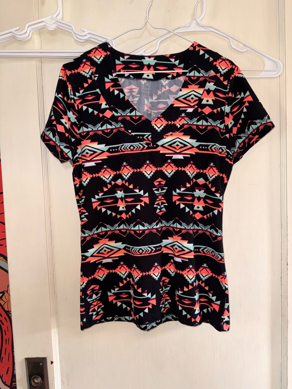 Vanity Black V-Neck Short Sleeve Top with Coral & Mint Aztec Print